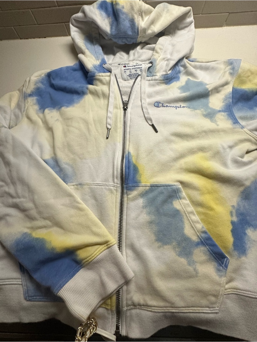 Champion Kids White Tie-Dye Zip Hoodie with Blue & Yellow Accents